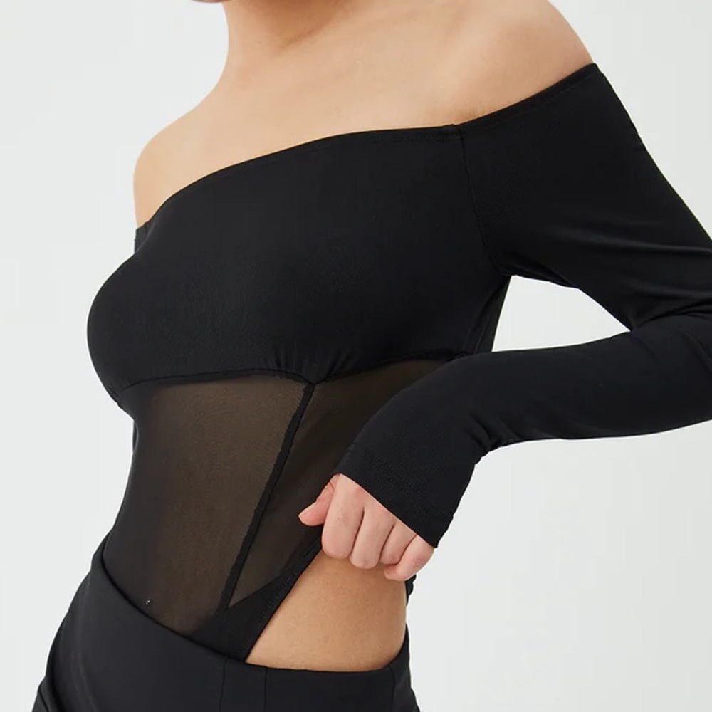 NWT REVOLVE & bodysuit lovers COMMENSE black w mesh high thigh thong bodysuit S